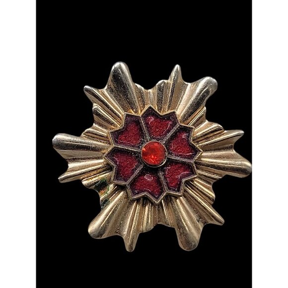 Gold Plated Star Burst Brooch Flower Center Red Rhinestone Accenr Vintage - Picture 5 of 8